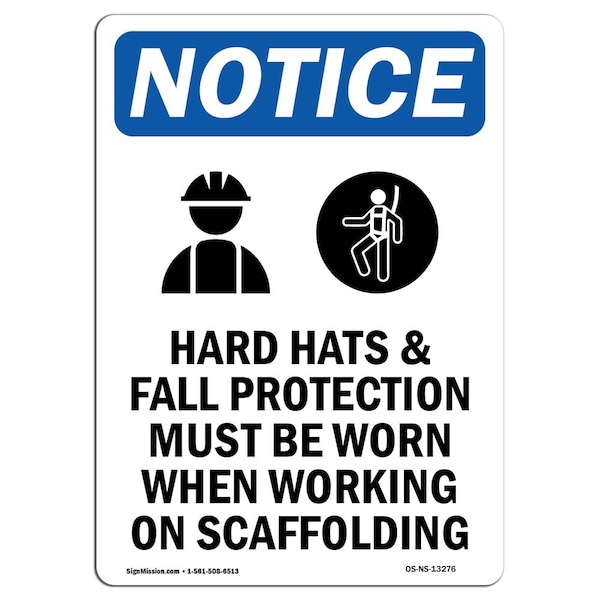 OSHA Sign, Hard Hats And Fall Protection W/, 5in X 3.5in Decal, 10PK, 3.5" W, 5" H, Portrait, PK10